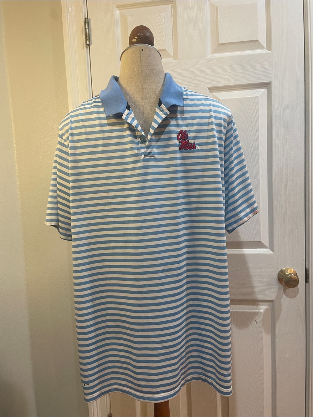 Nike Golf dri fit Ole Miss UM Light Blue & White Striped Polo Shirt mens size XL
